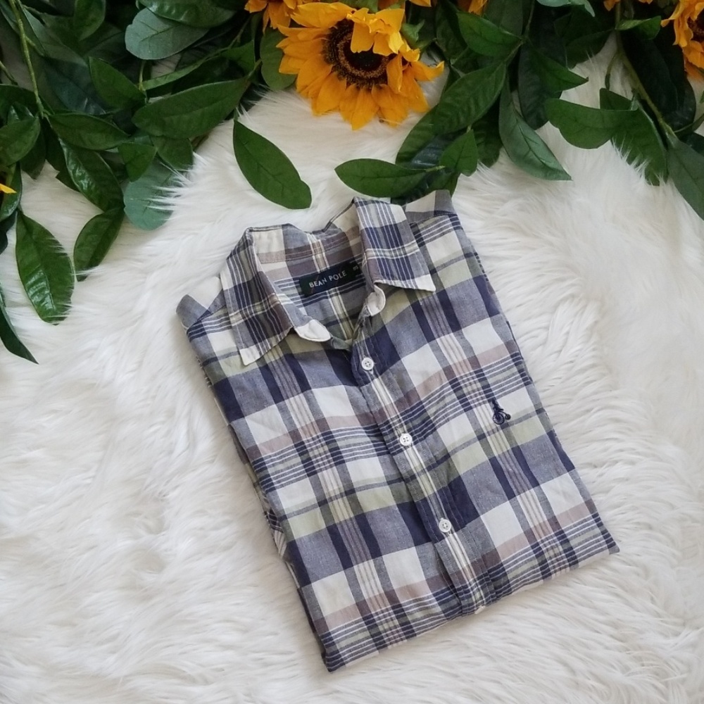 Bean Pole Linen Blend Plaid Button Down Shirt